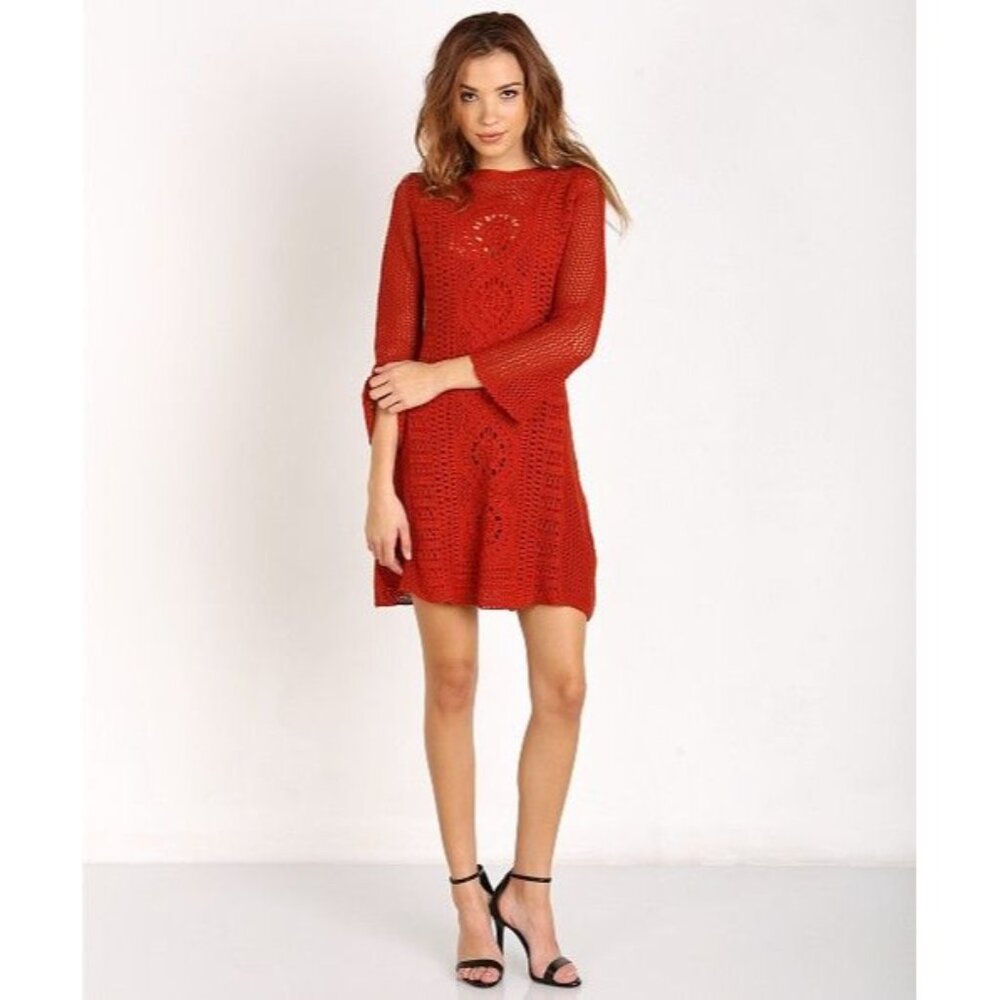 Free People Rosalind Burnt Orange Crochet Long Sleeve Dress Size XS